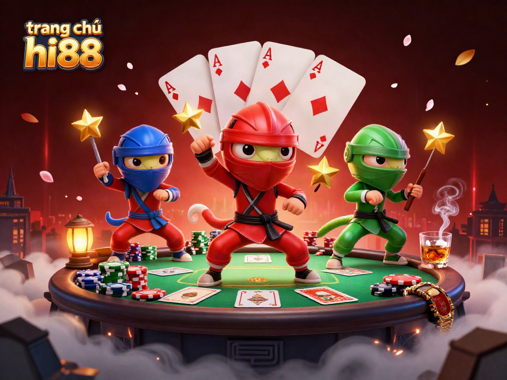 Engage with the thrilling trang chủ hi88 action as chameleon ninjas showcase poker skills amidst vibrant casino elements.