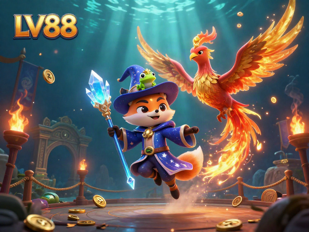 Experience thrilling adventures at LV88 with a mystical fox and phoenix in a vibrant casino setting.