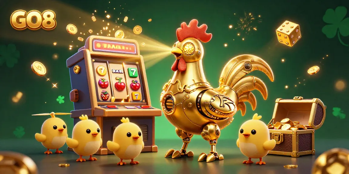 Engage in GO8 with thrilling slot machines and colorful casino elements in a dynamic 3D illustration.