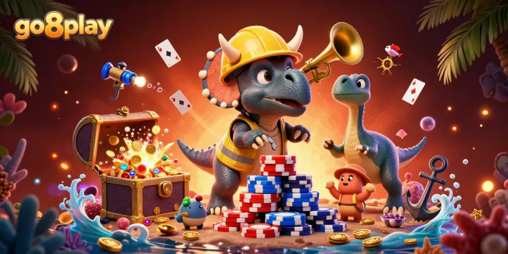 Engage in thrilling gaming action with go8play's vibrant casino scene featuring exciting characters and elements