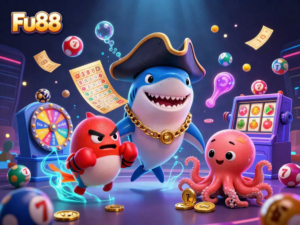 Experience the excitement of Fu88 with lively characters and colorful casino themes in this vibrant illustration.