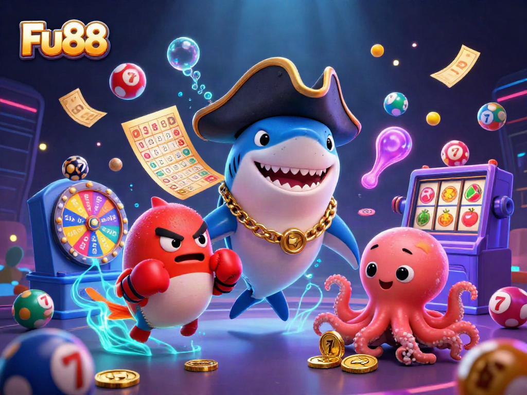 Experience the excitement of Fu88 with lively characters and colorful casino themes in this vibrant illustration.