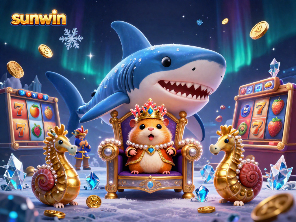 Engage with sunwin's colorful slots featuring a fierce golden hamster king in a dynamic casino world.