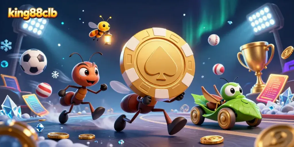 Experience the excitement of king88clb with cartoon ants on a heist carrying a golden poker chip.