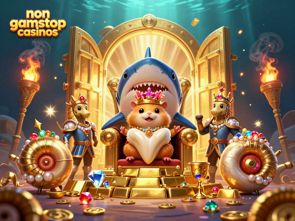 Engage with non gamstop casinos showcasing a golden hamster king and treasure-filled underwater scene.