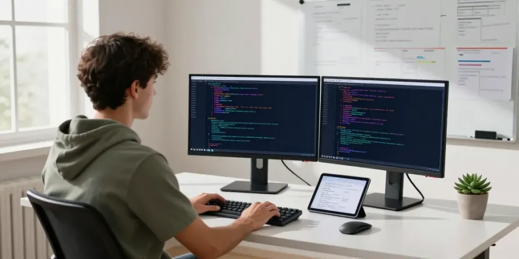 Developer using instant indexing tools in a modern tech workspace
