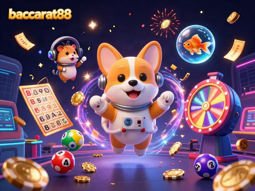 Engage with baccarat88 in this dynamic space casino scene featuring adventurous characters and lively game elements.