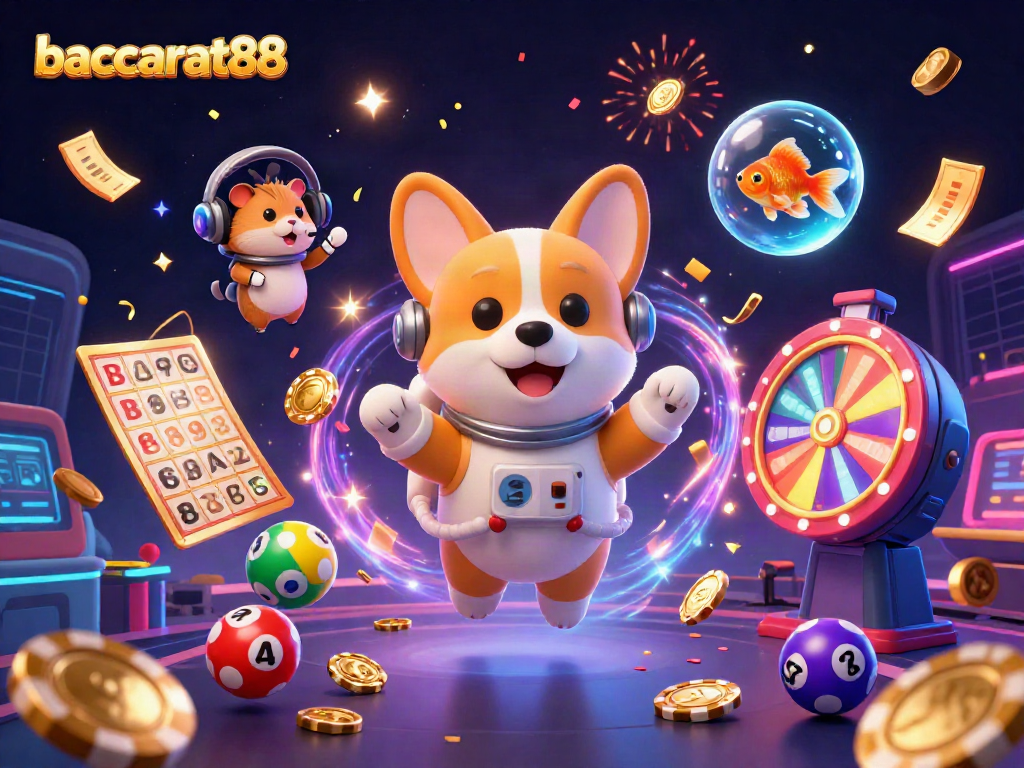 Engage with baccarat88 in this dynamic space casino scene featuring adventurous characters and lively game elements.