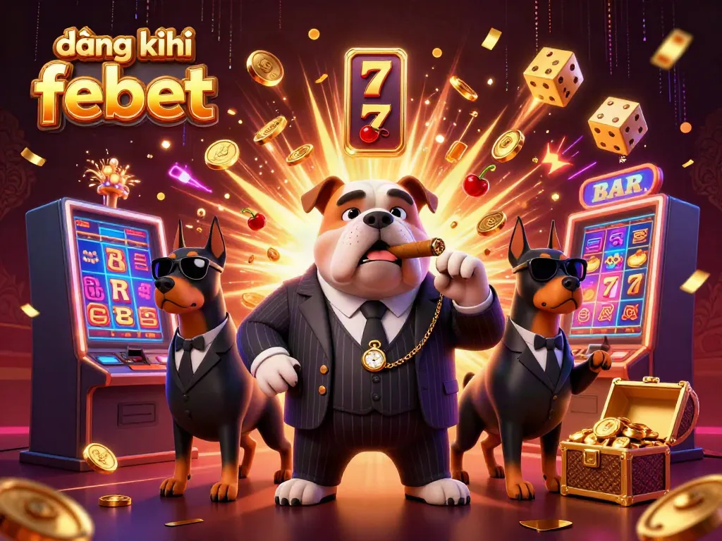Experience thrilling action while enjoying đăng ký febet with mafia boss and slot machines in a stunning casino illustration.
