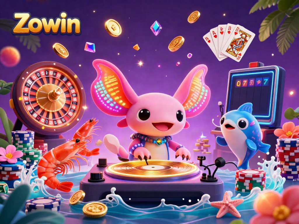 Experience Zowin's dynamic casino vibe with neon axolotl DJ surrounded by exciting game elements.