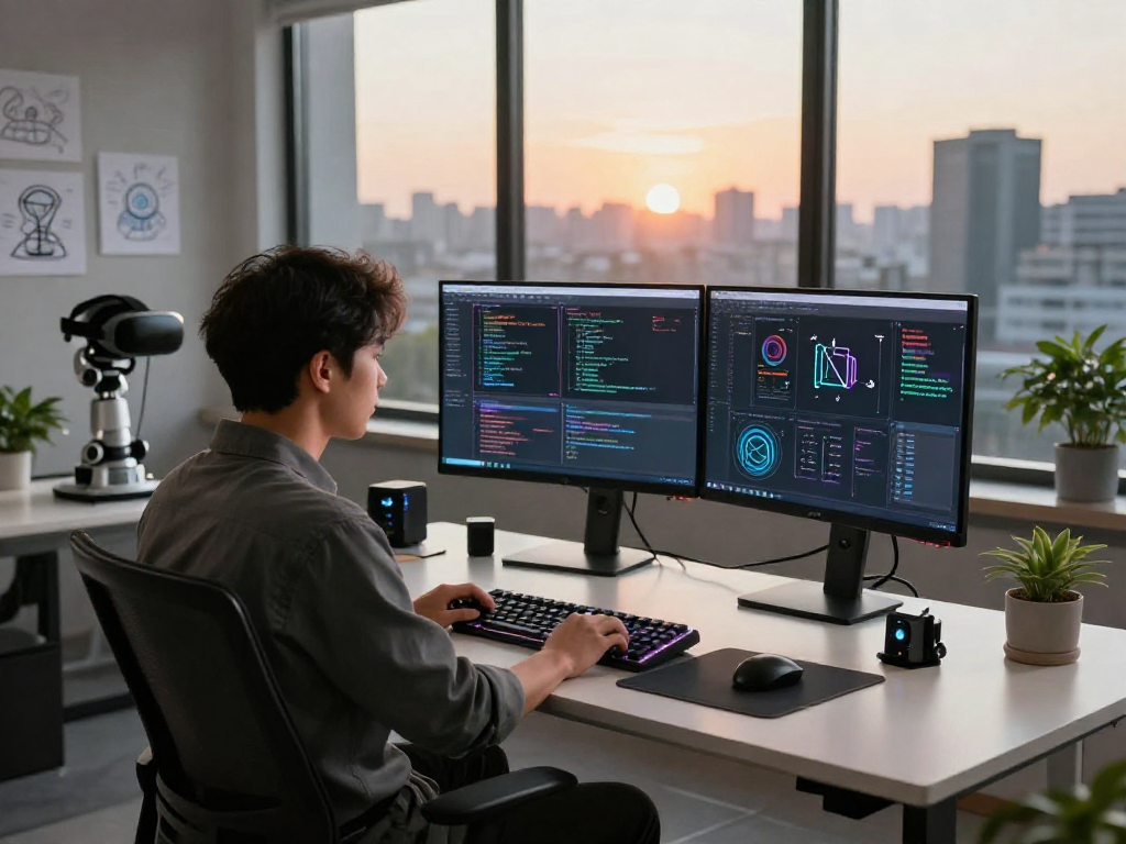 Developer coding with spicy ai applications in a modern tech workspace, featuring dual monitors, tech gadgets, and city views.