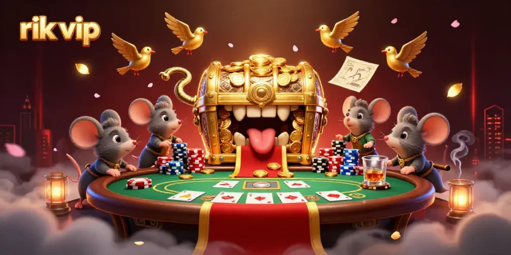 Engage in thrilling gameplay at rik vip, featuring a golden treasure chest and vibrant poker elements.