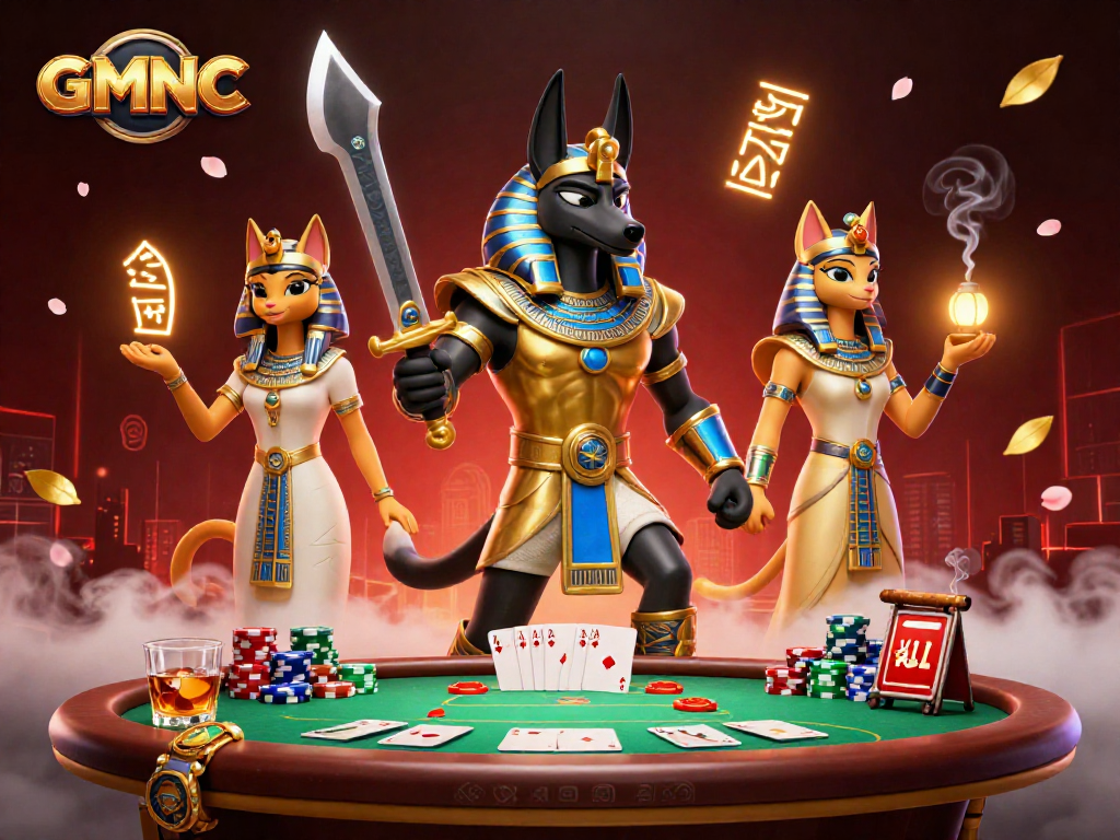 Engage with GMNC's vibrant casino illustration featuring Anubis and Bastet amidst poker elements.