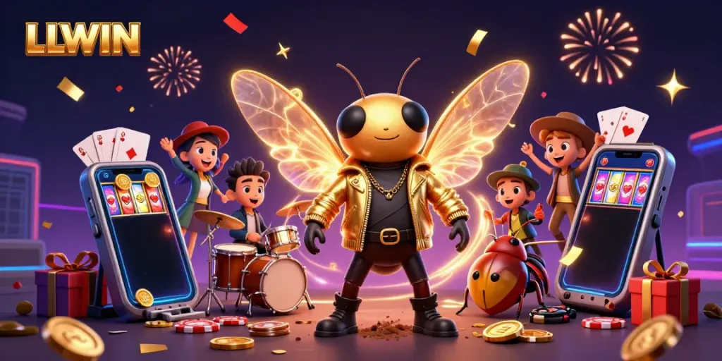 LLWIN showcases a vibrant 3D casino scene with a rock star cicada, slot games, and festive elements.