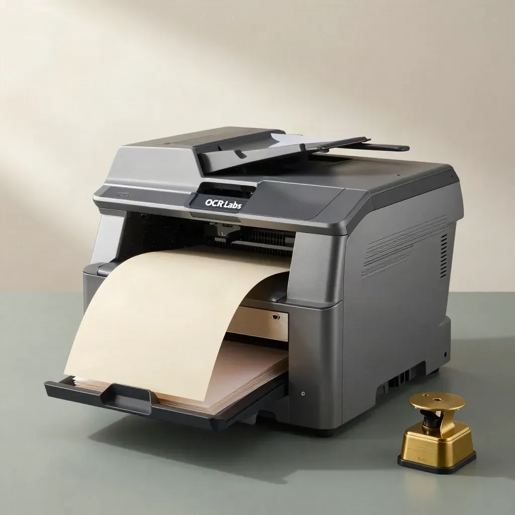 Document scanner cluster with paper tray, receipt roll and brass paperweight on a studio surface.