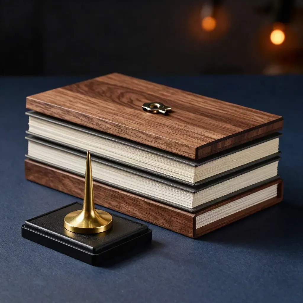 Brass receipt spike, ink pad and stacked invoice trays on a dark finance work surface.