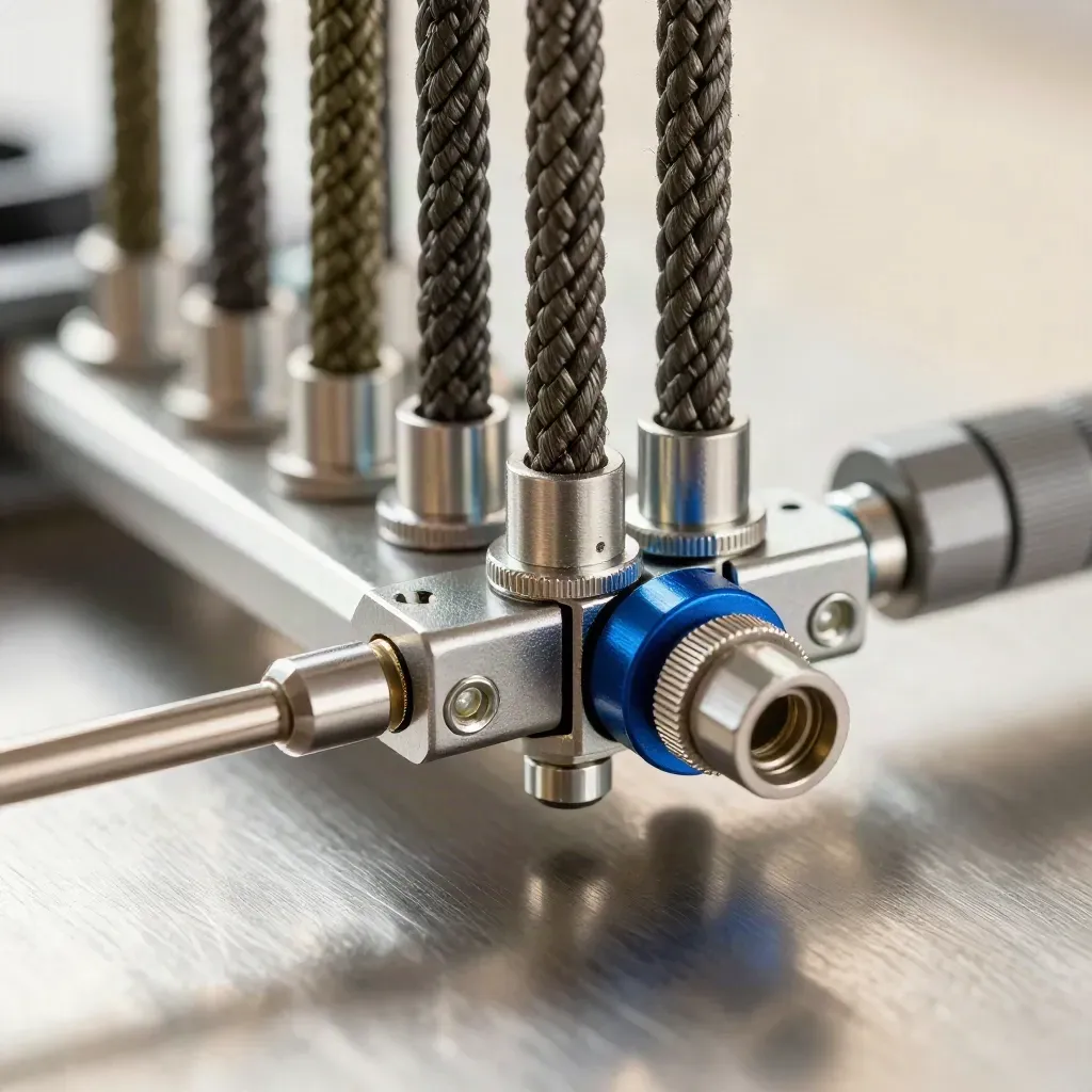 Macro of cable adapters and an anodised connector block on brushed metal, lit in cool haze.