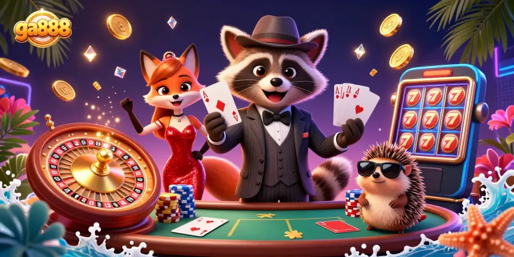 Experience thrilling gaming moments with ga888 illustrated by raccoon, fox, and hedgehog in a vibrant casino.