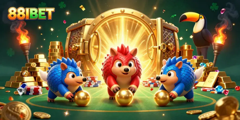 Engage in vibrant 88IBET-themed action with pangolins bowling through poker chips in a casino setting.