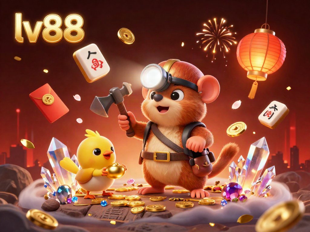 Experience the excitement of lv88 online casino with a cartoon treasure hunter in a vibrant 3D illustration.