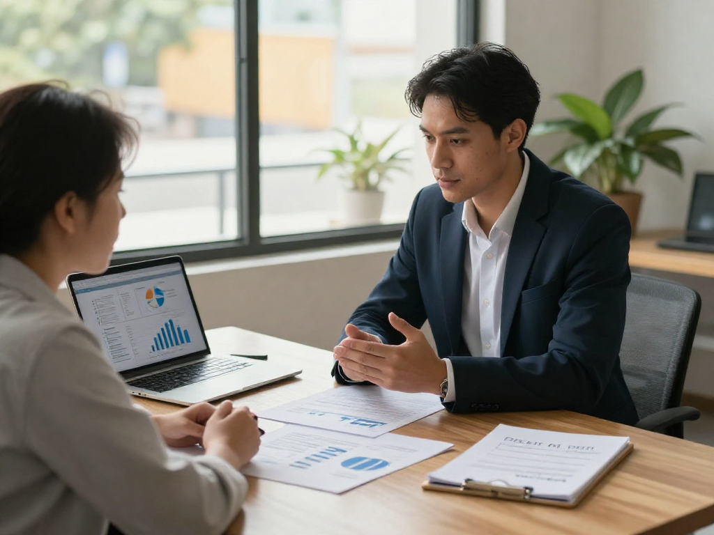 Discussing debt relief Canada solutions in a cozy office setting, financial advisor assisting client.