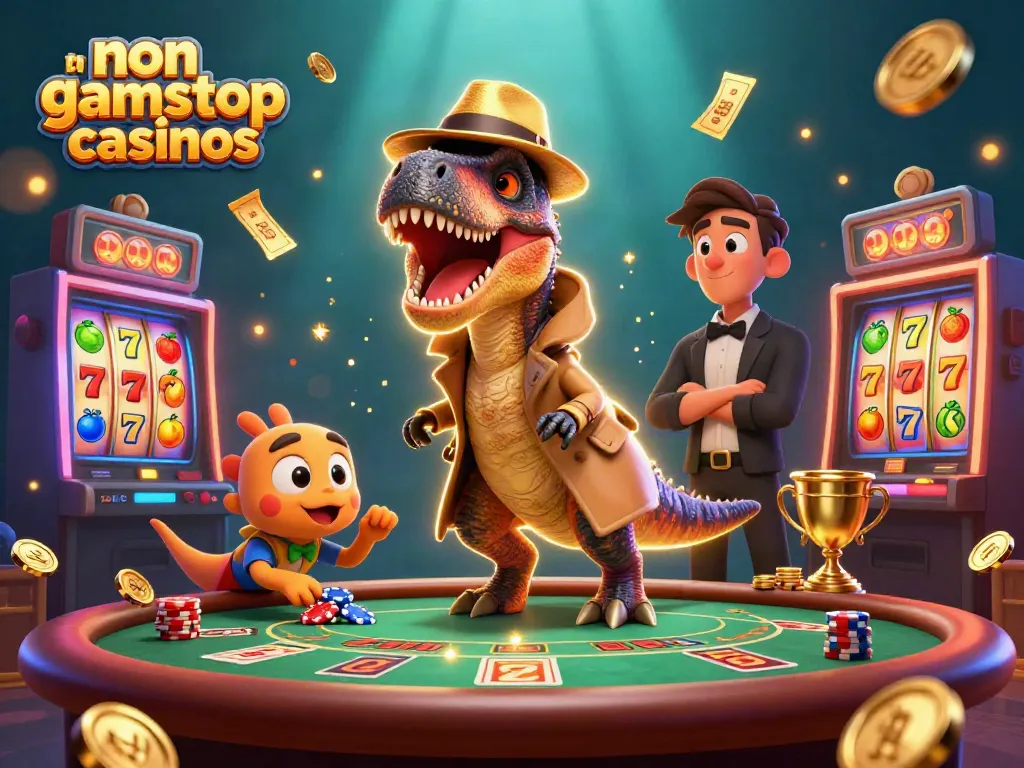 Experience the thrill of non gamstop casinos with a velociraptor card counter at a blackjack table in this vibrant 3D scene.