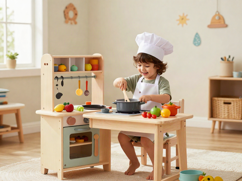 Child playing with a toy kitchen, enhancing creativity and imagination in a playful environment.