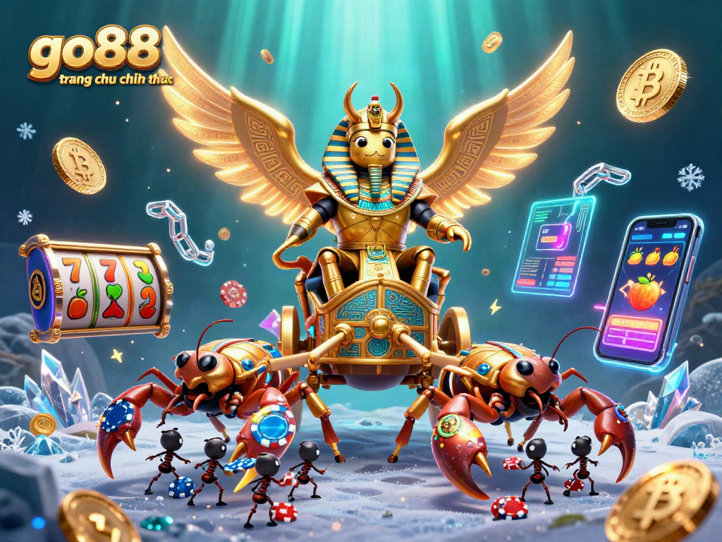 Engage with go88 trang chu chinh thuc featuring a golden scarab beetle and dynamic casino elements in 3D illustration.