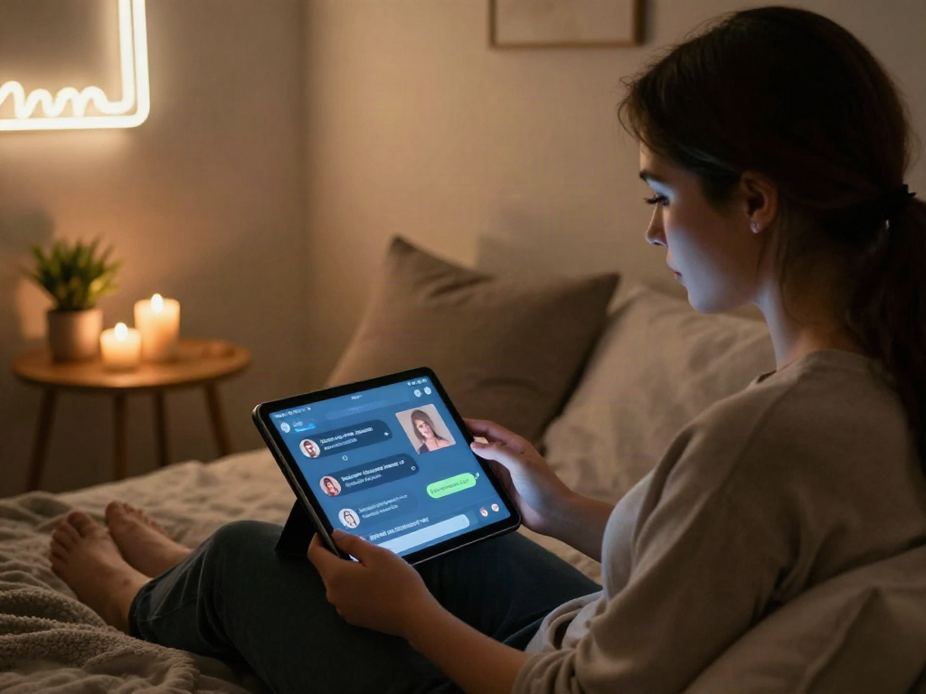 Engaging user experience in ai porn chat setting with cozy bedroom ambiance, interactive tablet interface.
