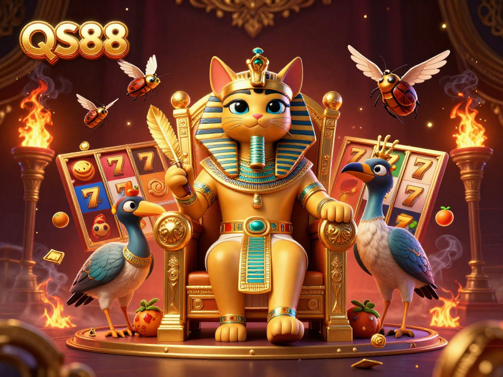 Experience the thrilling slots at QS88 with vibrant 3D characters and exciting game elements flying in the air.