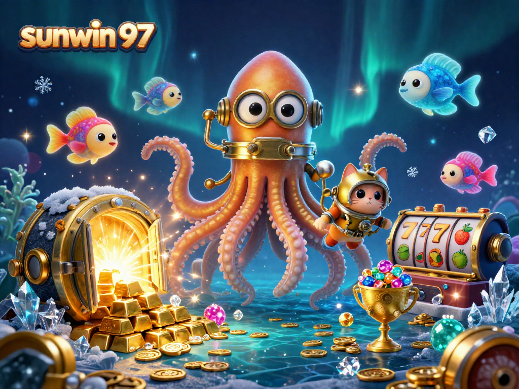 Play slots with sunwin 97 amidst a vibrant casino-themed underwater adventure.