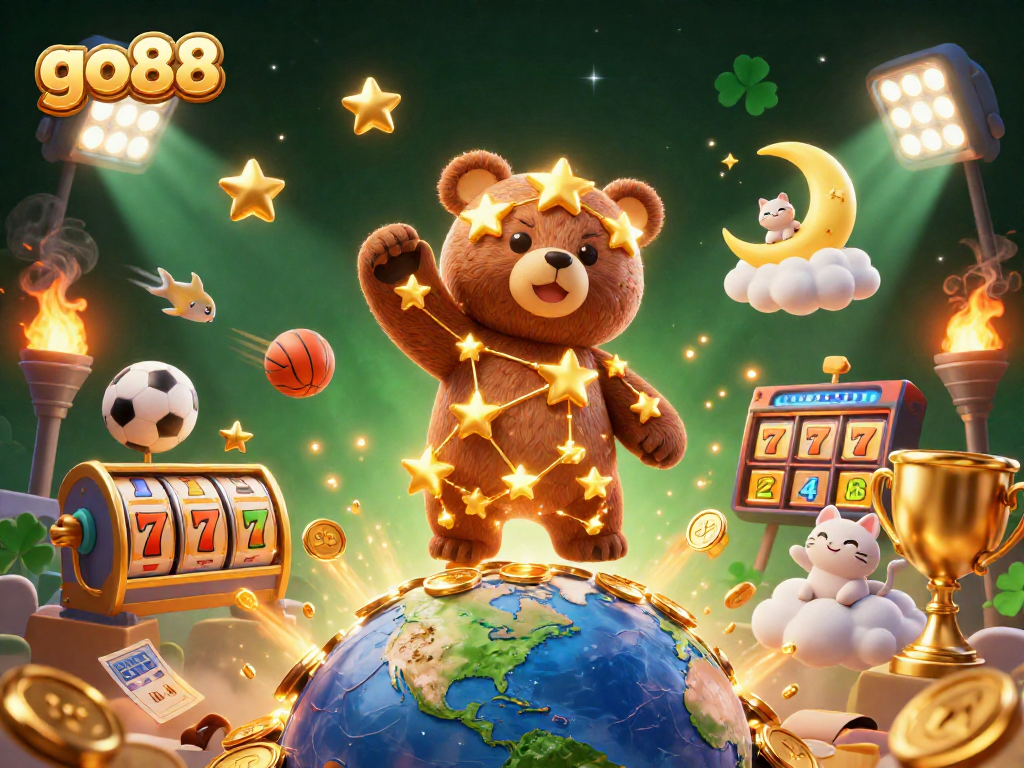 Win big at go88 with a captivating 3D illustration showcasing slot reels and golden stars amidst vibrant gaming elements.