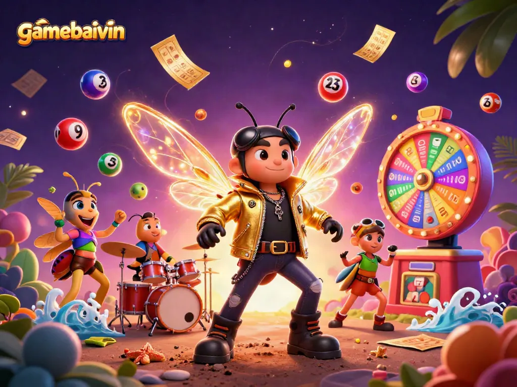 Experience gamebaivin's excitement through a vivid illustration of a rock star cicada and colorful lottery elements.