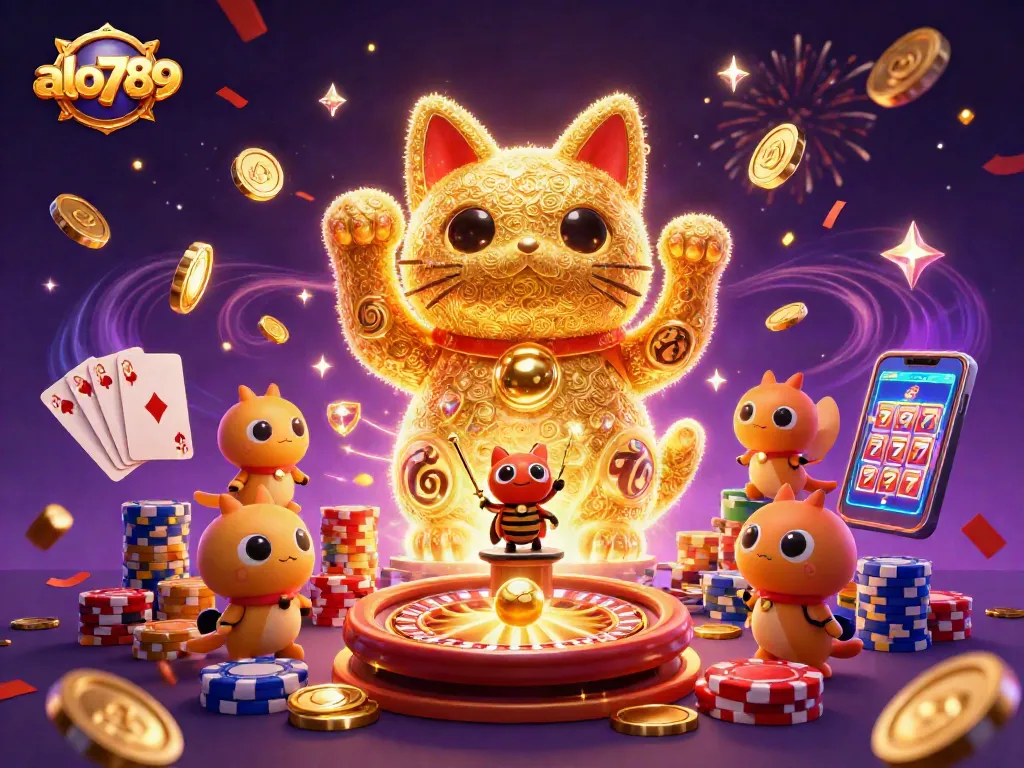 Experience the excitement of alo789 casino with a whimsical illustration of a lucky cat and vibrant casino elements.
