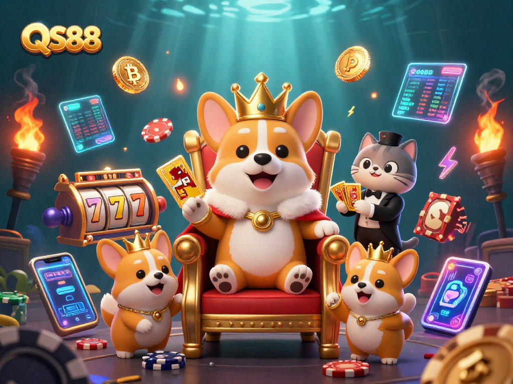 Experience winning strategies at QS88 casino featuring energetic corgis and slot game elements.