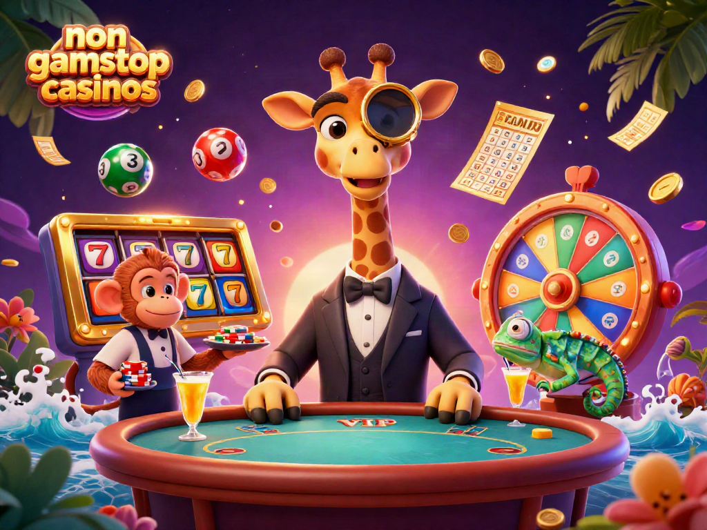 Engaging scene of non gamstop casinos featuring a high-roller giraffe, a monkey valet, and a chameleon bartender amidst vibrant gambling elements.