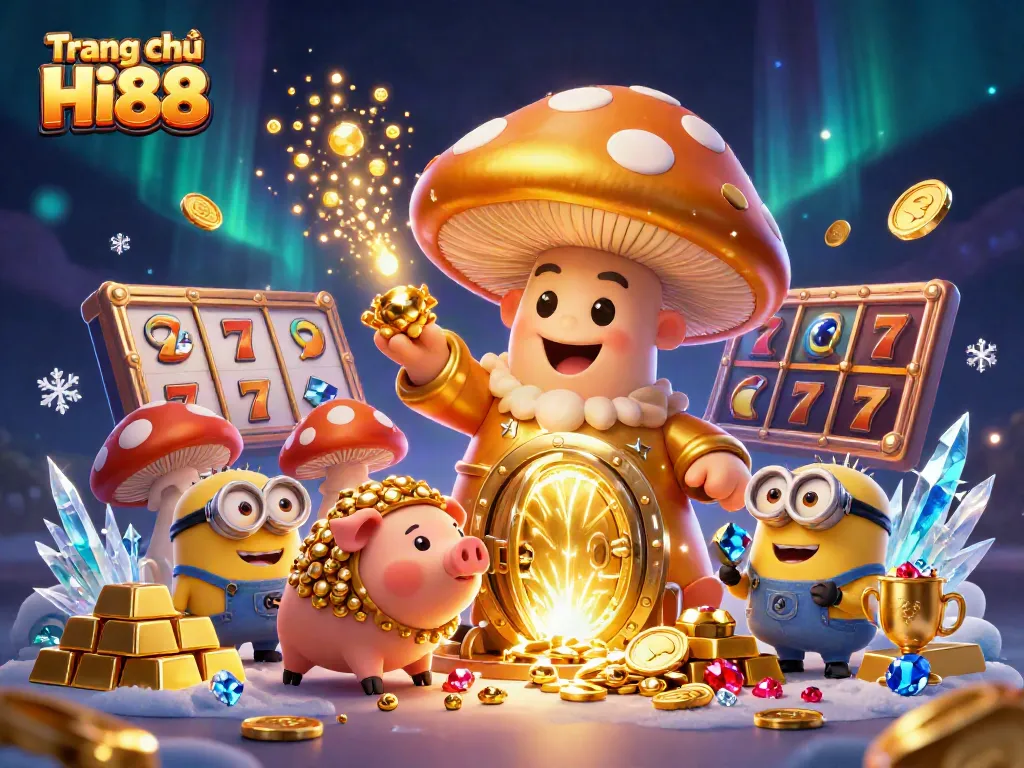 Win big at Trang chủ Hi88 with the golden mushroom wizard, treasure, and slot reels.