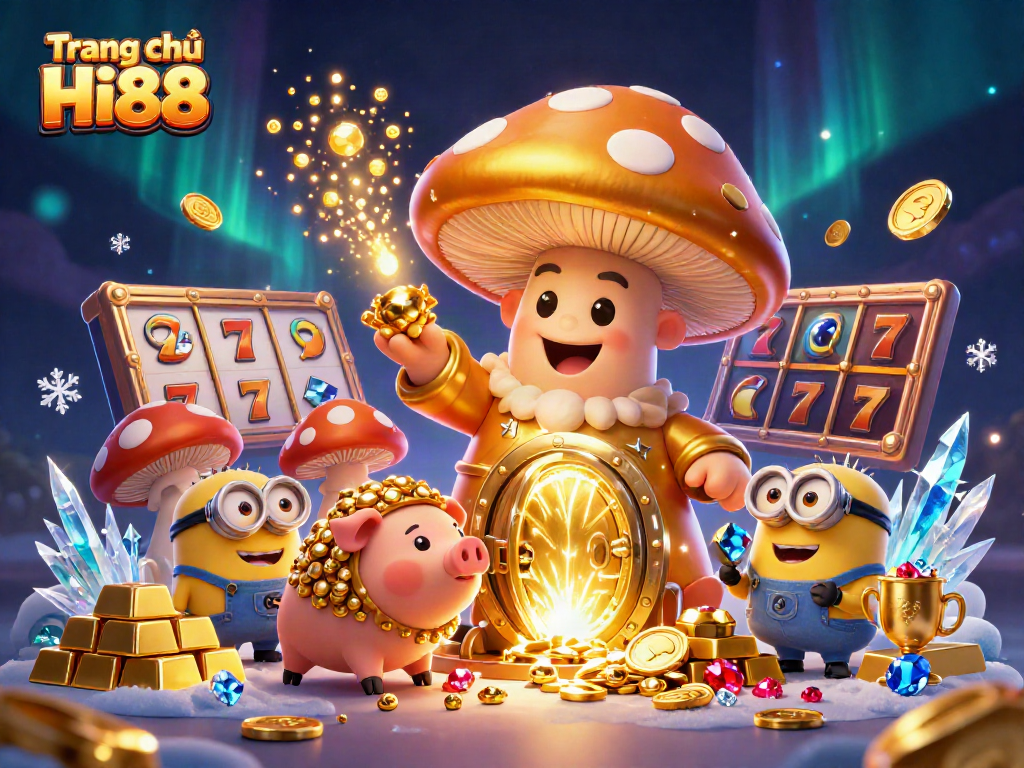 Win big at Trang chủ Hi88 with the golden mushroom wizard, treasure, and slot reels.