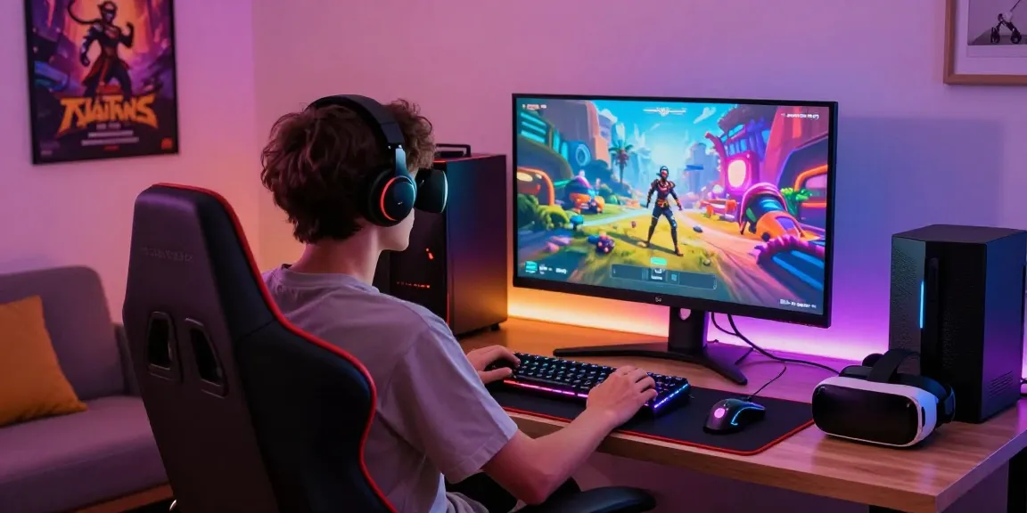 Interactive scene of a person playing a sex simulator game in a modern gaming setup, with immersive visuals and vibrant lighting.
