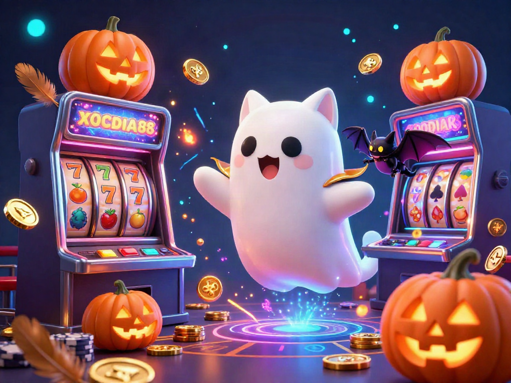 Experience thrilling gameplay at XOCDIA88 with vibrant casino elements, ghostly characters, and glowing symbols.
