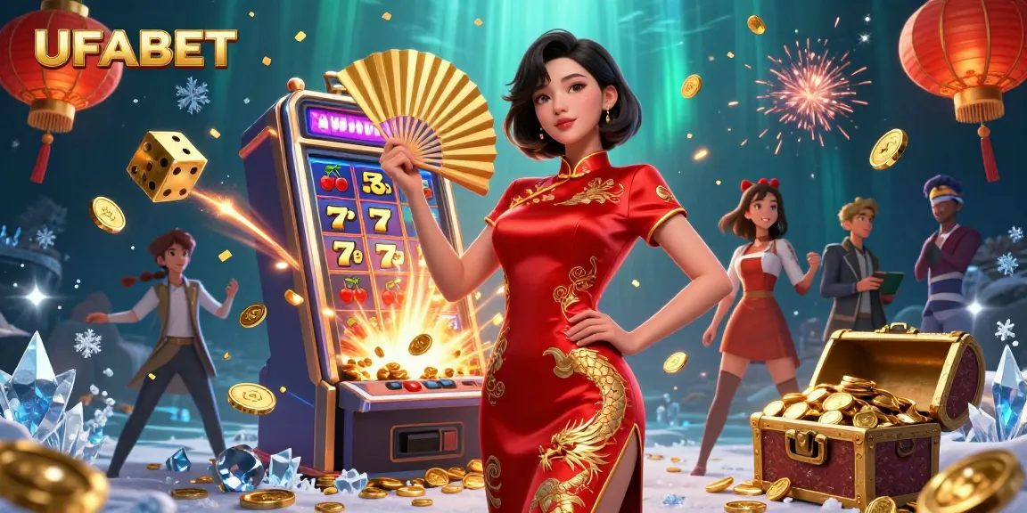Play exciting games at UFABET, featuring a stunning Asian woman surrounded by colorful casino elements.