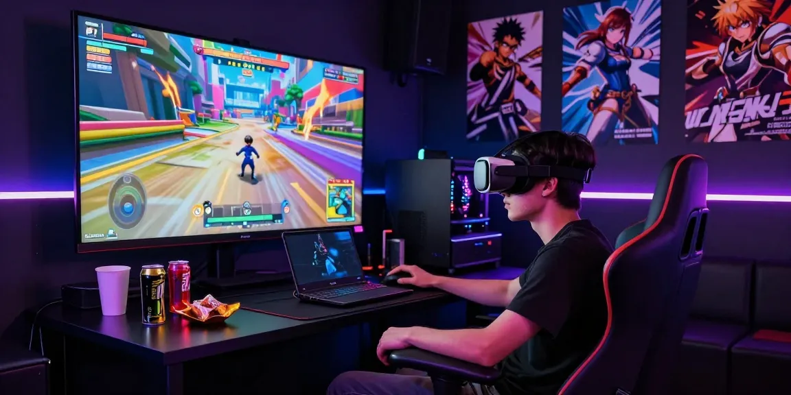 Engaged gamer enjoying hentaigames in immersive VR setup with vibrant anime visuals.