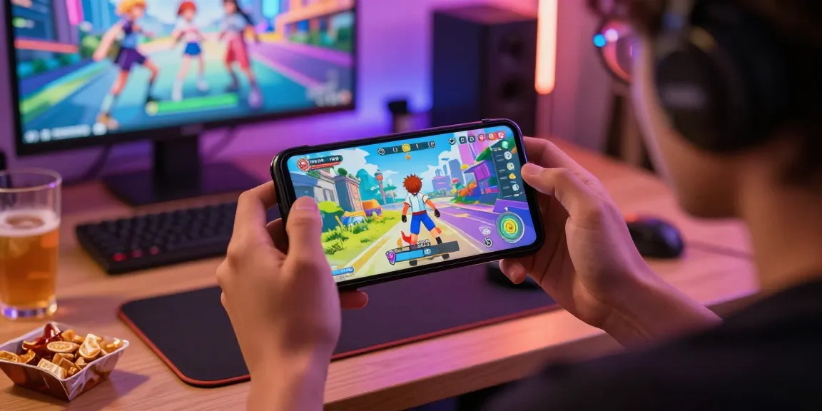 Engaging scene of a player immersed in a colorful hentai game on mobile, showcasing anime visuals and exciting gameplay.