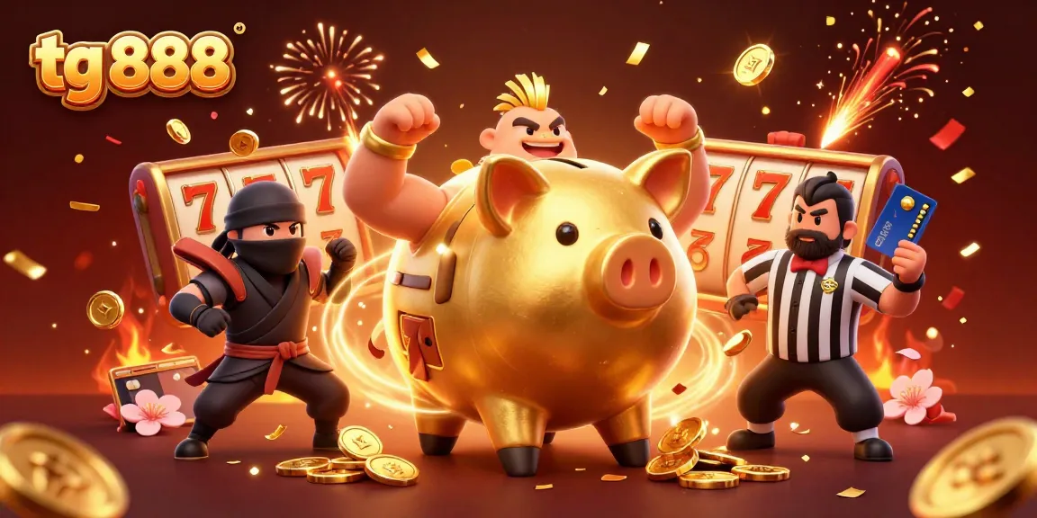 Join tg 888 for exhilarating casino action with a dynamic golden piggy bank sumo wrestler and vibrant symbols!