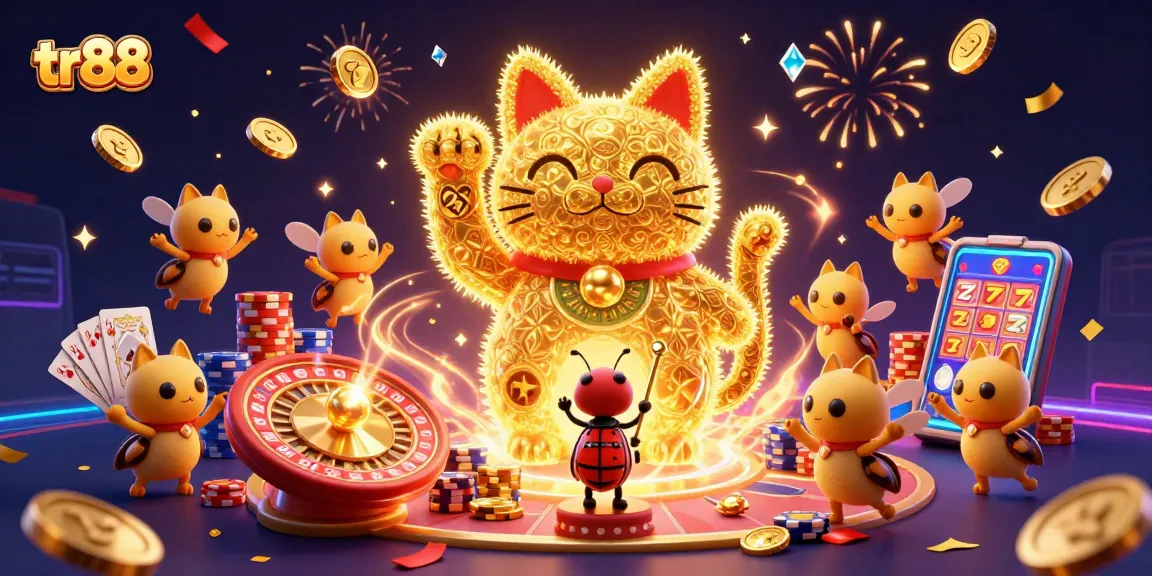 Experience thrilling wins at TR88 with vibrant illustrations of casino fun, lucky cat and golden fireflies.
