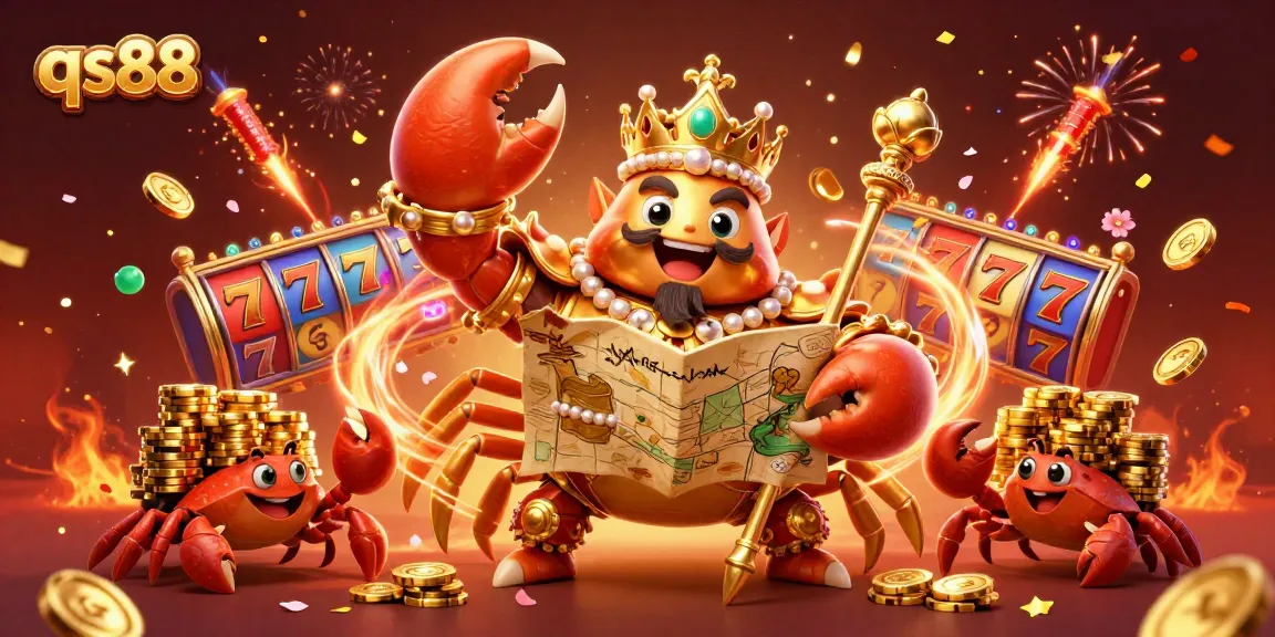 Experience excitement at qs88 with the golden crab emperor leading a vibrant casino celebration, surrounded by slot machines.
