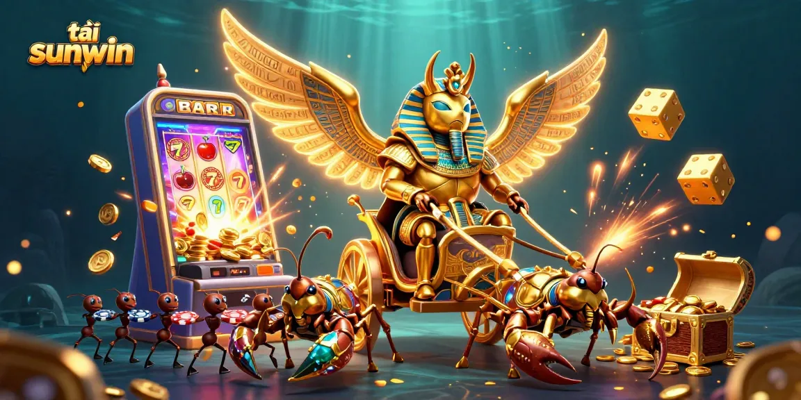 Experience thrilling gameplay with tải sunwin, featuring vibrant 3D elements of a colossal scarab, slot machines, and coins.