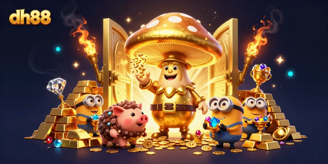 Discover treasures with dh88 in this vibrant 3D casino illustration of a magical world packed with riches.