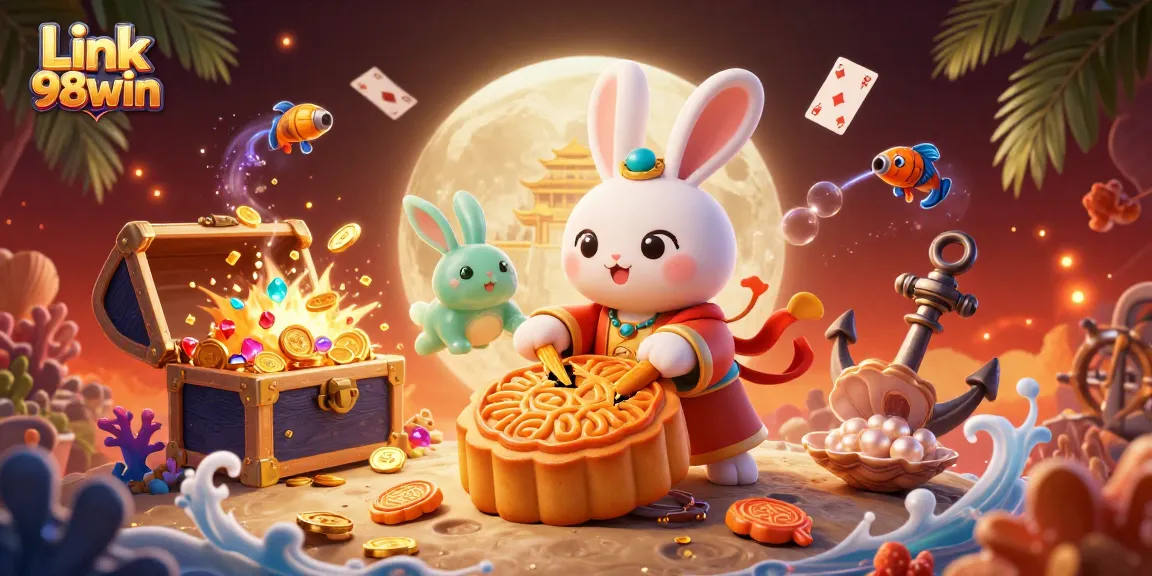 Play and win at Link 98win with vibrant casino-themed 3D illustration of moon rabbit in action.