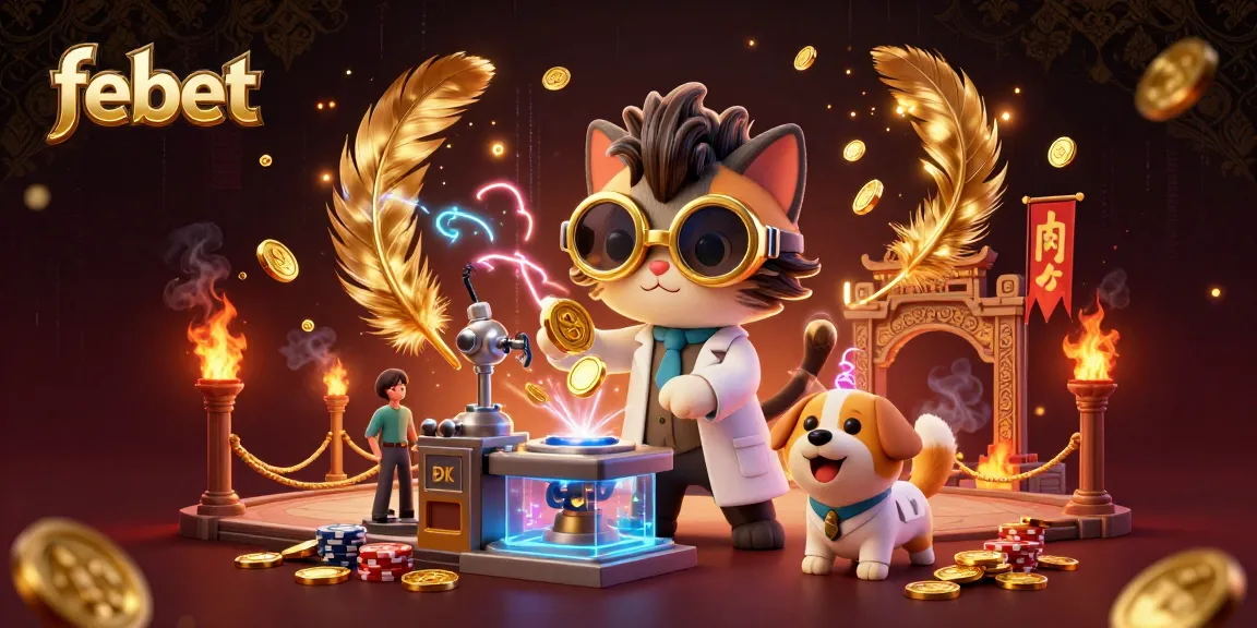 Experience exciting gameplay at febet with a dynamic scene of a mad scientist cat and dog amidst casino elements.